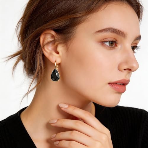 Gold Tone Teardrop Crystal Leverback Earrings Black and Metallic Earrings for Women Specific Rhinestone Water Droplet Dangle Drop Jewelry Black Teardrop Party Gifts