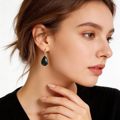 Gold Tone Teardrop Crystal Leverback Earrings Black and Metallic Earrings for Women Specific Rhinestone Water Droplet Dangle Drop Jewelry Black Teardrop Party Gifts
