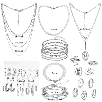 Gold/Silver Jewelry Set for Women Layered Bracelets Ball Dangle Hoop Earrings Stackable Knuckle Rings Set Dainty Adjustable Necklaces Valentine Anniversary Trendy Party Costume Accessories Jewelry - style: Classic