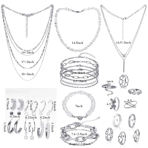 Gold/Silver Jewelry Set for Women Layered Bracelets Ball Dangle Hoop Earrings Stackable Knuckle Rings Set Dainty Adjustable Necklaces Valentine Anniversary Trendy Party Costume Accessories Jewelry - style: Classic