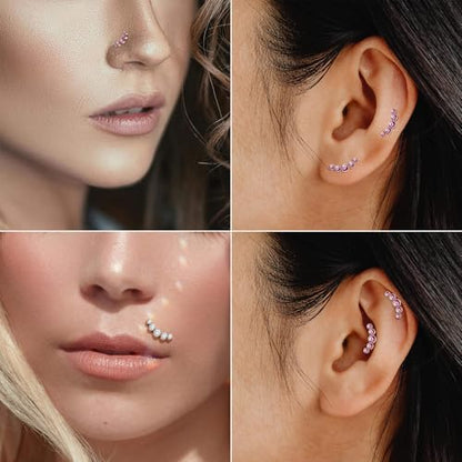 Lantine Threadless Flat Back Stud Earrings Implant Grade F136 titanium Climber Cartilage Earring Lip Labret Medusa Tragus Inner Conch Helix Piercing Jewelry - color: Pink Cz, size: 16g 8mm