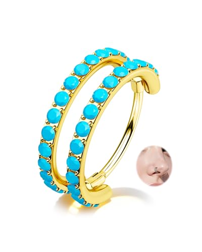 Nose Ring Hoop, 316L Stainless Steel Double Nose Rings, 20G Nose Piercing Jewelry for Women, Clear CZ Helix Cartilage Septum Nose Hoops - color: Turquoise-Gold-6mm