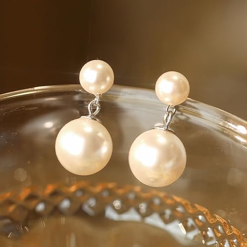 Double Pearl Drop Earrings for Women 925 Sterling Silver | 18k Gold Plated Big Large Pearl Dangle Earrings Pearl Dangling Stud Earring Bridal Wedding Jewelry Birthday Gifts for Mom - color: D-Silver