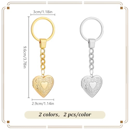 PLIGREAT 4 Pack Photo Locket Keychain, Vintage Heart Locket Keychains with Carved Flower Silver Gold Photo Lockets Key Chains that Holds Pictures Photo Lockets Pendants for Women DIY Craft