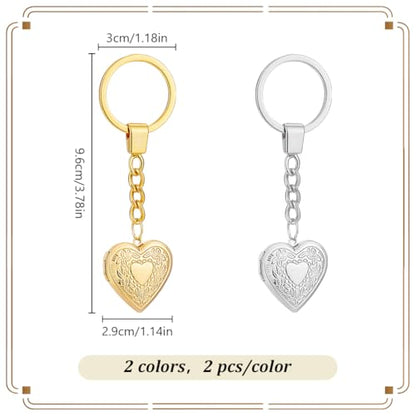 PLIGREAT 4 Pack Photo Locket Keychain, Vintage Heart Locket Keychains with Carved Flower Silver Gold Photo Lockets Key Chains that Holds Pictures Photo Lockets Pendants for Women DIY Craft