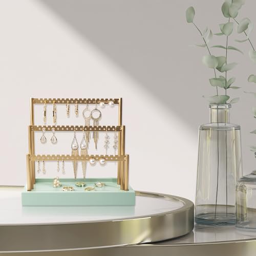 SANY DAYO HOME 3-Tier Earring Holder Organizer Stand, 105 Holes Gold Metal Earring Rack Jewelry Display Tree with Sage Green Wood Tray for Women and Girls - color: Gold Rack Green Base