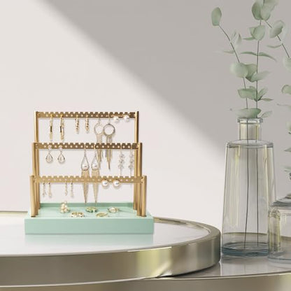 SANY DAYO HOME 3-Tier Earring Holder Organizer Stand, 105 Holes Gold Metal Earring Rack Jewelry Display Tree with Sage Green Wood Tray for Women and Girls - color: Gold Rack Green Base