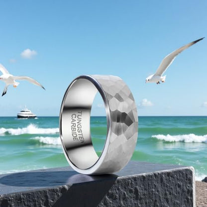 SX.man&sog Tungsten Carbide Rings for Men or Women,Stereoscopic Polygon Wedding Band for Men and Women Exchanging to Witness Each other's Loyal Love - color: Silver & Hammered - 8mm