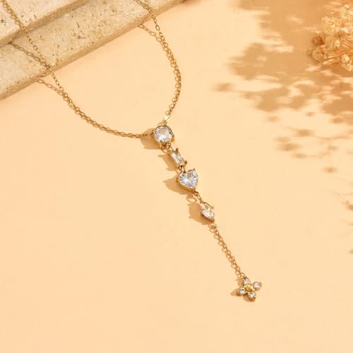 Lariat Necklaces for Women 18K Gold Plated Cubic Zirconia Heart Necklaces Dainty Star Lightning Sun and Moon Necklace Trendy Y Shaped Drop Diamond Necklace - color: Heart CZ Y Necklace-Gold