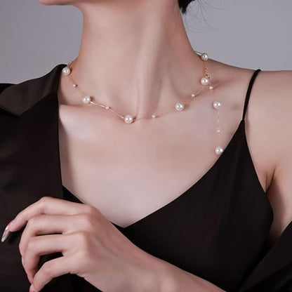 Boho Pearl Y Shape Necklaces for Women, Dainty 14k Gold Plated Pearl Beaded Chain Choker Necklace Trendy Jewelry Accessories Gift - style: long