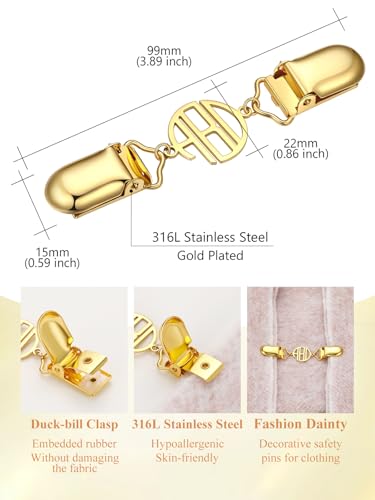 Custom4U Personalized Sweater Clips for Cardigans, Custom Name Initials Cinch Clip, Stainless Steel Dress Clips Back Cinch Shirt Clips for Women Clothing, Shawl Dress Shirts Cincher Small Brooch Jewelry Gifts - color: Gold Color-Round