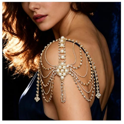 Mulit-layered Pearl Shoulder Chain Jewelry Festival Rave Rhinestone Bra Chain Sexy Bridal Wedding Crystal Arm Chain Jewelry for Women - color: Gold