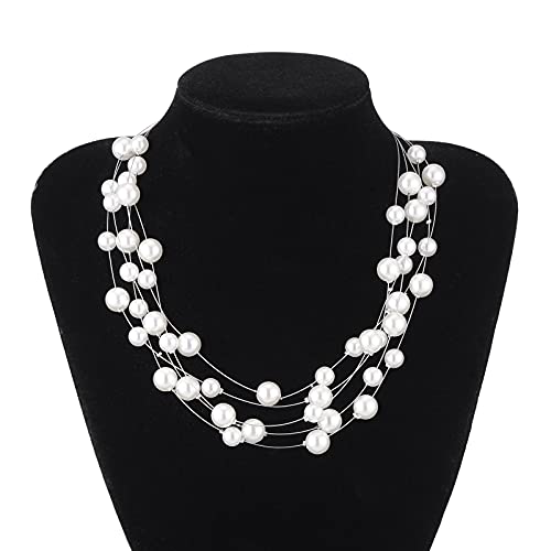 FULU AUTUMN Layered Pearl Necklace Multi-strand Pearl Choker Necklaces for Women Beaded jewelry for Wedding Parties - color: White