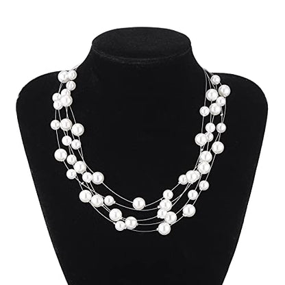 FULU AUTUMN Layered Pearl Necklace Multi-strand Pearl Choker Necklaces for Women Beaded jewelry for Wedding Parties - color: White