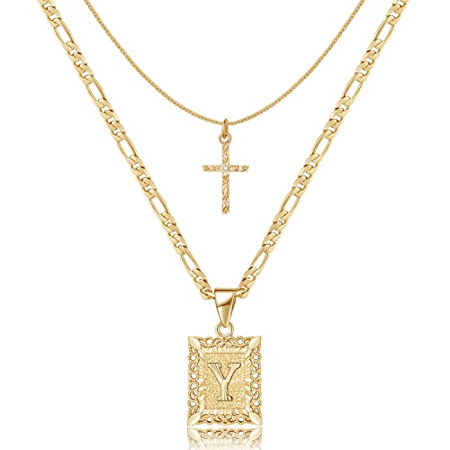 KELORIS PATH Gold Layered Initial Cross Necklace, 14K Gold Plated Layering Square Letter Pendant Figaro Chain Cross Choker from A-Z Capital Jewelry for Women Girls | 14K Gold Plated Square/Hexagon Letter Pendant with Figaro Chain, Stackable Jewelry Gifts,