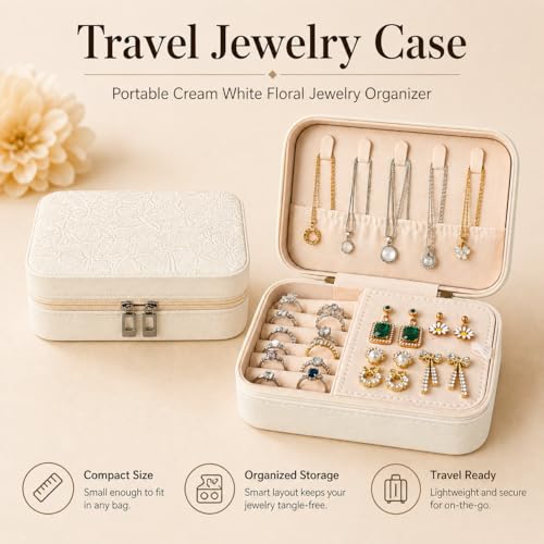 Travel Jewelry Case, Jewelry Box with Floral Embossed, PU Leather Travel Jewelry Organizer with Zipper, Velvet Lined Ring Earring Necklace Case for Travel, 6.3 x 4.7 x 2.4 in - color: White-2