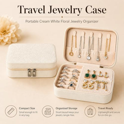 Travel Jewelry Case, Jewelry Box with Floral Embossed, PU Leather Travel Jewelry Organizer with Zipper, Velvet Lined Ring Earring Necklace Case for Travel, 6.3 x 4.7 x 2.4 in - color: White-2
