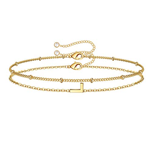M MOOHAM Valentines Day Gifts for Her Women - Layered Initial Bracelets Gift Letter A-Z Charm, Dainty 14K Gold Plated Initial Bracelets for Women Teen Girls Birthday Jewelry Gifts - color: L