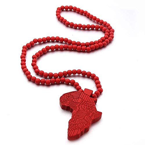 COLORFUL BLING Multicolor 8MM Wooden Bead Chain African Hip-hop Africa Map Pendant Necklace for Men Boys Natural Wood Jewelry - color: style2 red