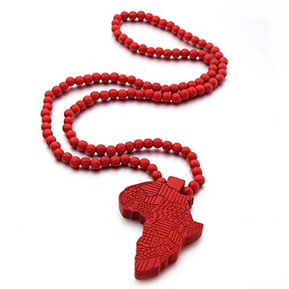COLORFUL BLING Multicolor 8MM Wooden Bead Chain African Hip-hop Africa Map Pendant Necklace for Men Boys Natural Wood Jewelry - color: style2 red