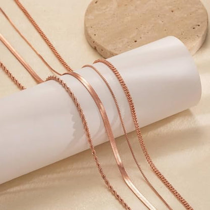 Tewiky Layered Necklaces for Women 14k Gold Plated Chain Necklace Set | Chunky Herringbone/Snake/Rope/Box/Cuban Link Chain for Women, Layering Stack Choker Necklace, Dainty Jewelry Set Non Tarnish - color: 4 Layered Necklace Rose Gold