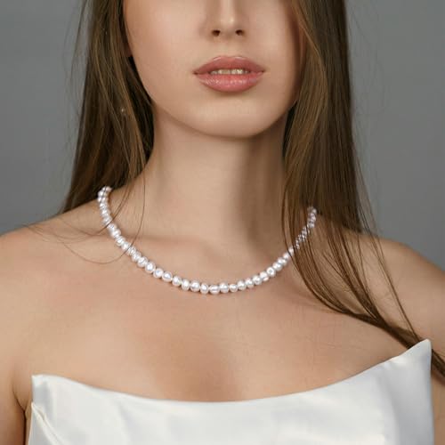 Natural Pearls Necklace, Freshwater Baroque Pearls Necklace for Women's Pearl Strand Choker Necklace 18K Gold Plated & S925 Sterling Silver Clasp White Necklace Chain - color: White, 6-7mm, Silver Clasp