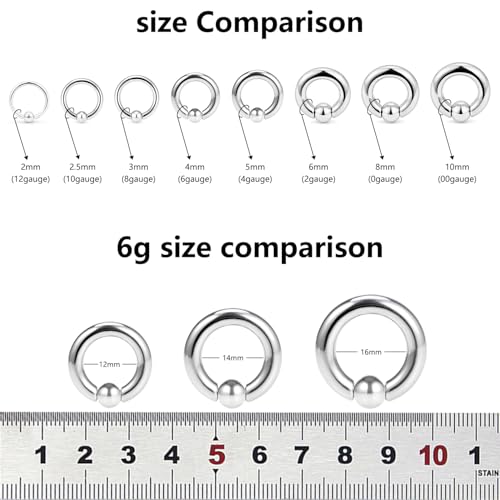 12G 10G 8G 6G 4G 2G 0G 00G Large Septum Rings Gauges Earrings Hoops 316L Surgical Steel Spring Action Captive Bead PA Ring CBR Septum Nose Rings Piercing Jewelry for Women Men - color: Silver, size: 6G=4mm Inner Dia: 9/16" (14mm)