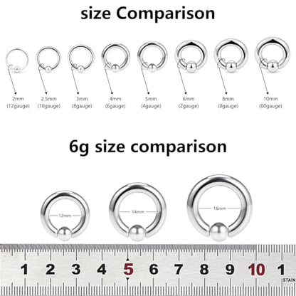 12G 10G 8G 6G 4G 2G 0G 00G Large Septum Rings Gauges Earrings Hoops 316L Surgical Steel Spring Action Captive Bead PA Ring CBR Septum Nose Rings Piercing Jewelry for Women Men - color: Silver, size: 6G=4mm Inner Dia: 9/16" (14mm)