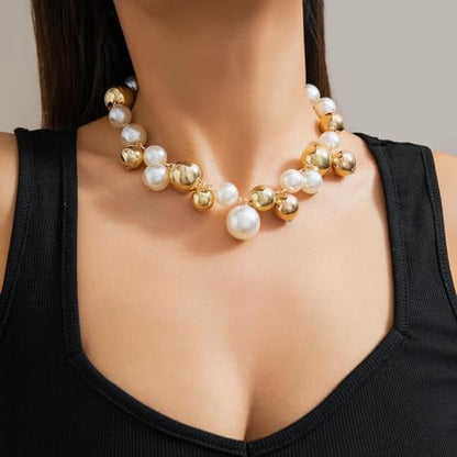 CSIYANJRY99 Chunky Pearl Necklace for Women Big Faux Pearl Beaded Strand Necklace Wedding Prom Jewelry for Women - color: gold