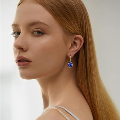 Crystals Teardrop Dangle Drop Earrings, 18K Gold Plated Hoop Earrings Zirconia Jewelry for Women Gifts - color: Navy blue