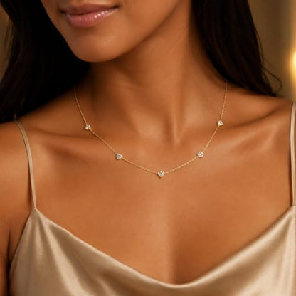 Dainty Silver Gold Necklaces for Women Cute Station Choker Simulated Diamond Necklace Simple Layering CZ Necklace Trendy Jewelry Gifts - color: Gold, style: Heart