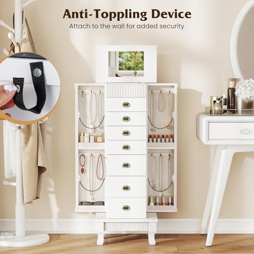 Giantex Standing Jewelry Cabinet with 7 Drawers, Flip-Top Mirror, 2 Side Doors with 12 Necklace Hooks, Divided Ring Compartments, Velvet-Lined Jewelry Armoire Organizer Chest (White) - color: White