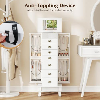 Giantex Standing Jewelry Cabinet with 7 Drawers, Flip-Top Mirror, 2 Side Doors with 12 Necklace Hooks, Divided Ring Compartments, Velvet-Lined Jewelry Armoire Organizer Chest (White) - color: White