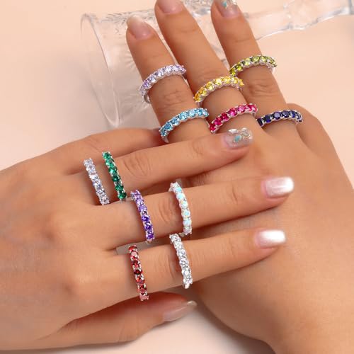 Birthstone Wedding Band Eternity Rings 925 Sterling Silver Rings Stackable Anniversary Engagement Rings Cubic Zirconia Inlaid Created Garnet/Amethyst/Sapphire Ring 7 Stone Ring, Size 6 to 10 - color: Peridot