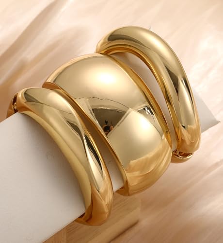 Chunky Gold Bangle Bracelets for Women, 14k Gold Plated Dainty Cuff Stackable Bangles Set, Trendy Bracelet Stack Fashion Jewelry Gifts - color: 02-GOLD