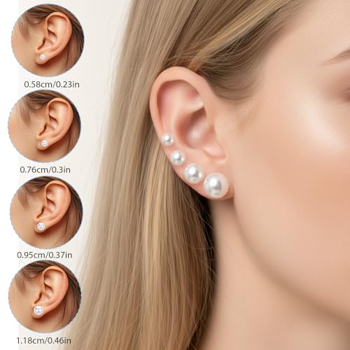 Hecila 24 Pairs Round Pearl Earrings for Women Pearl Studs Stainless Steel White Faux Pearls Earrings Elegant Bridal Simulated Pearls Stud Earring Jewelry Set for Wedding Birthday Christmas 4 Sizes