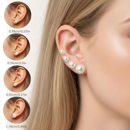 Hecila 24 Pairs Round Pearl Earrings for Women Pearl Studs Stainless Steel White Faux Pearls Earrings Elegant Bridal Simulated Pearls Stud Earring Jewelry Set for Wedding Birthday Christmas 4 Sizes