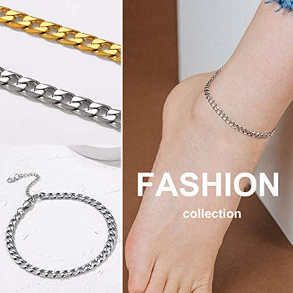 Adjustbale Link Chain Anklet for Women Summer Jewelry, 316L Stainless Steel Figaro/Wheat/Twist Rope/Cuban Foot Bracelet-Waterproof, Resizable 9"-12" (Gift Box Included) - color: 2, Cuban - Stainless Steel