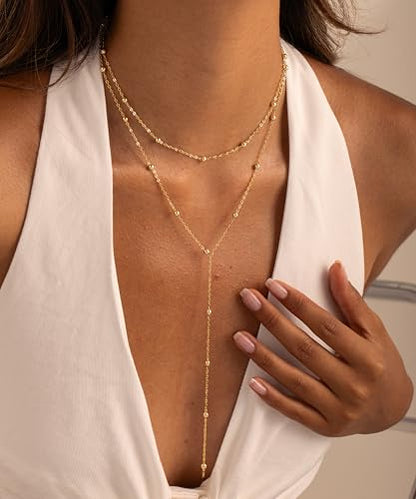 CHESKY Lariat Necklace for Women，14k Gold/Sliver Plated Layered Necklace | Gold/Sliver Long Necklace，Dainty Cross Pendant, Wedding Y-Shaped Drop Chain, Waterproof Jewelry Gift for Women Everyday Wear - style: Y Bead-GD