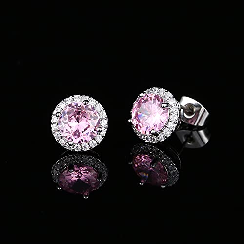 YOMELA Round Cubic Zirconia Stud Earrings for Women | Everyday Dainty, Diamond-Like Brilliance, CZ Halo Birthstone Studs, Hypoallergenic & Lightweight, Elegant & Versatile - color: Pink