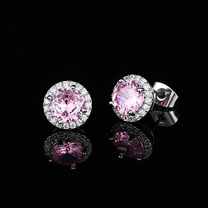 YOMELA Round Cubic Zirconia Stud Earrings for Women | Everyday Dainty, Diamond-Like Brilliance, CZ Halo Birthstone Studs, Hypoallergenic & Lightweight, Elegant & Versatile - color: Pink