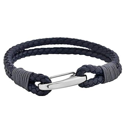 Edforce Braided Genuine Leather 2-Strand Cuff Bracelet with Stainless Steel Clasp - color: Prussian Blue