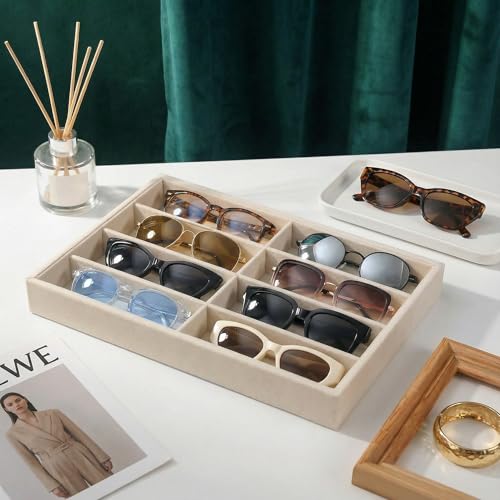 Sunglass Organizer Beige Velvet Glasses Trays for Drawer Eyeglasses Watches Jewelry Display Sunglass Box- Men Women (8 Grids) - color: Sunglass Box