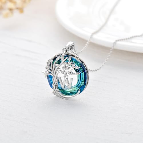 TOUPOP Gifts for Women Tree of Life Initial Necklace 925 Sterling Silver Letter Pendant with Blue Crystal Birthday Jewelry Gifts for Women Her Mom Wife Daughter - color: Tree of Life W Initial