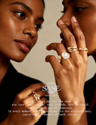 15 Pcs Chunky Gold Rings for Women Open Adjustable Pearl Rings Set | Stackable Statement Rings Pack,Shall Shell，Stacking Knuckles Rings Set, Trendy Stuff Jewelry Gift, Gold Baroque Pearl - color: Gold
