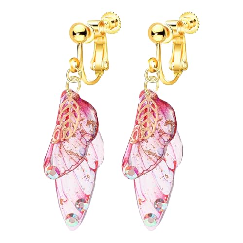 Clip on Crystal Butterfly Wing Drop Dangle Earrings for Women, Non Pierced, Multicolored Moth Butterfly Earrings, Pearl Tassel Jewelry Pink Blue Green - color: Pink A