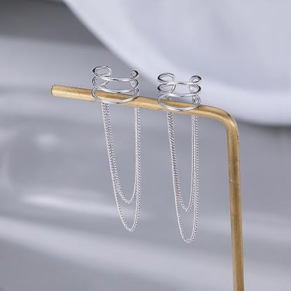 SLUYNZ 925 Sterling Silver No Piercing Cuff Earrings Chain for Women Wrap Earrings Tassel Clip On Ear - color: A-Silver