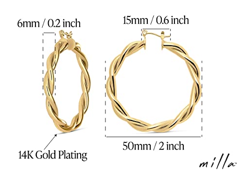 Milla Twisted Hoop Earrings for Women – Hypoallergenic Silver or Gold Statement Hoops – Lightweight & Easy to Wear - color: Gold Plated / 2.0 in / Medium