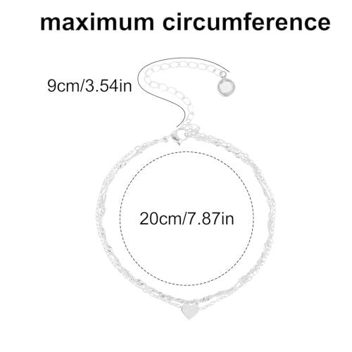 Mikovivi Silver Anklet for Women, Waterproof Adjustable Double Layer Anklet Shiny Statement Foot Jewelry with Heart-Shaped Pendant for Women Accessories