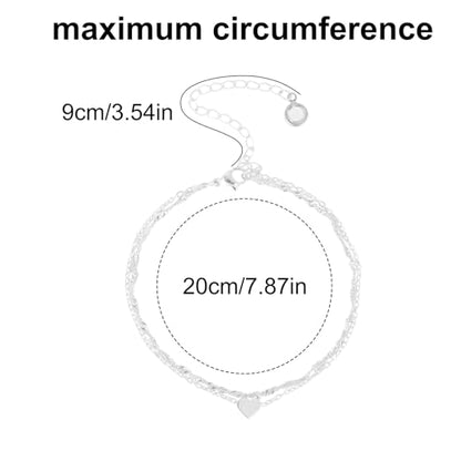 Mikovivi Silver Anklet for Women, Waterproof Adjustable Double Layer Anklet Shiny Statement Foot Jewelry with Heart-Shaped Pendant for Women Accessories